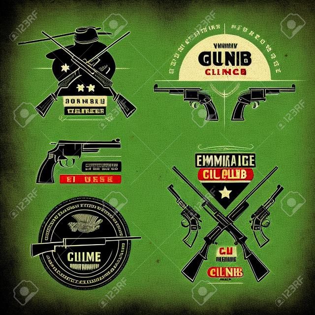Vintage etiquetas del club arma, logotipos, emblemas conjunto. Placa y la pistola, rifle arma, ilustración vectorial