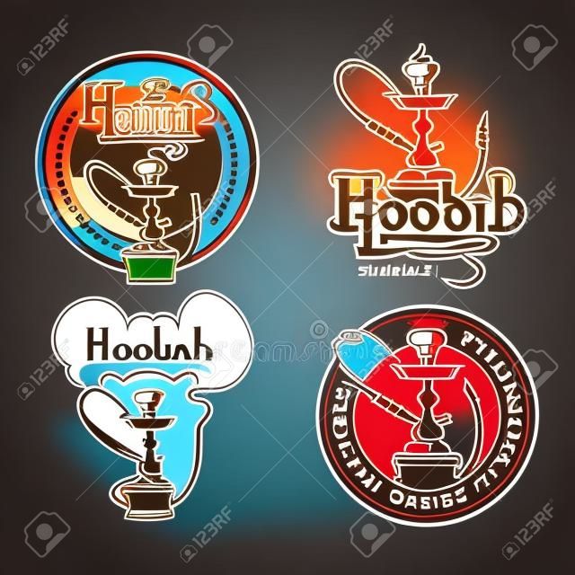 Hookah labels, logos and emblems vector set for hookah lounge or shisha bar. Badge element, aroma leisure, vector illustration