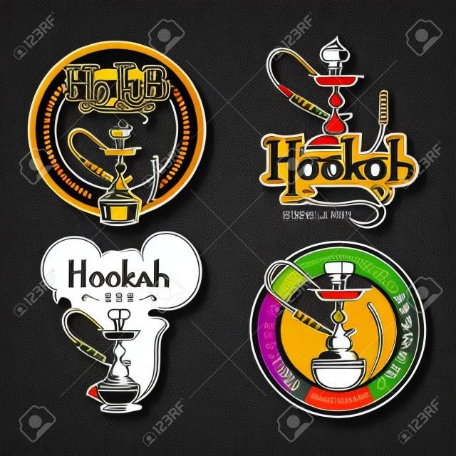 Hookah labels, logos and emblems vector set for hookah lounge or shisha bar. Badge element, aroma leisure, vector illustration