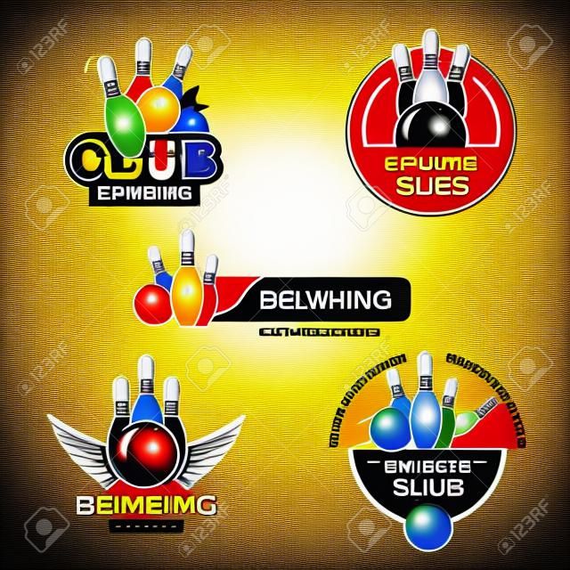 Bowling vecteur étiquettes, emblèmes et insignes ensemble. Illustration de jeu de club, jeu de quilles et grève