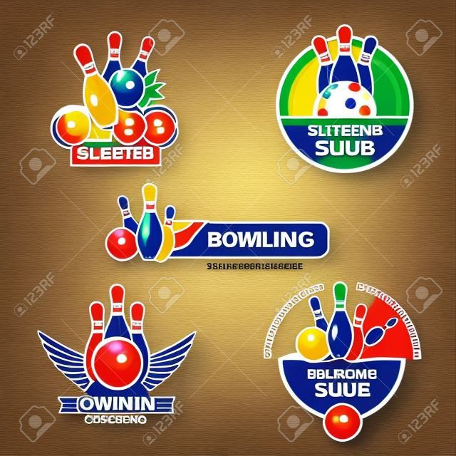 Bowling vector labels, emblemen en badges set. Club gaming spelen, skittle en strike illustratie