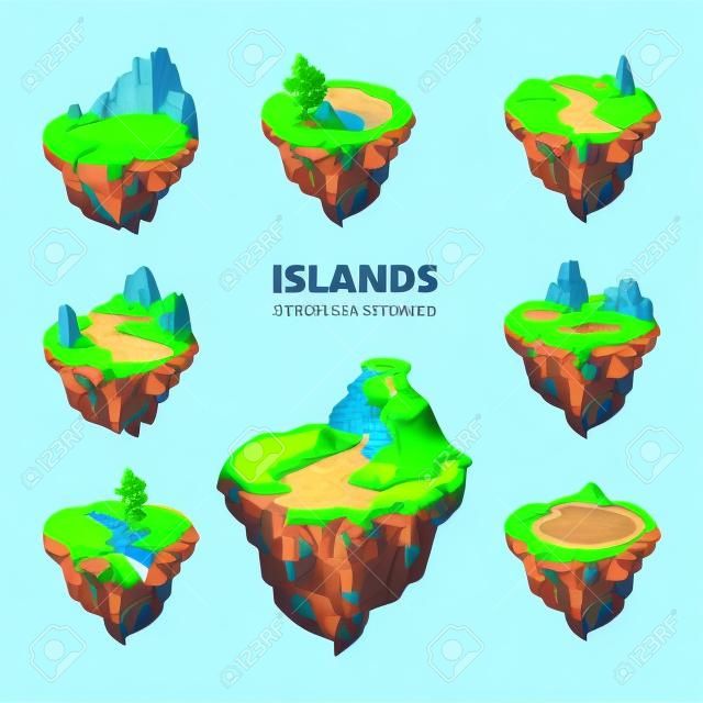 비행 섬의 아이소 메트릭 3d를 설정합니다. 풍경 만화 자연, 토지 판타지, 게임 바위와 땅과 산, 벡터 일러스트 레이 션