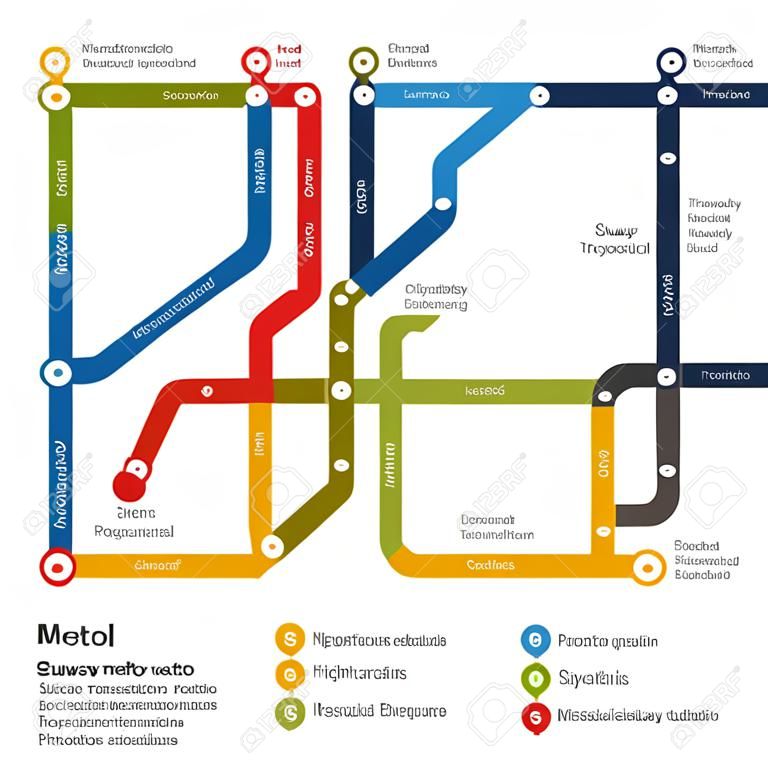 Metropolitana, metropolitana mappa vettoriale. Modello di sistema di trasporto della città. Schema mappa della metropolitana, su strada sottopassaggio della metropolitana, il trasporto ferroviario della metropolitana di illustrazione