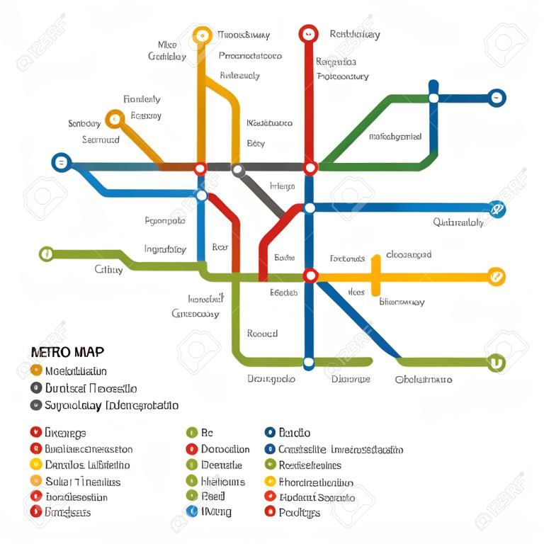 Metro, mapa vectorial de metro. Plantilla del plan de transporte de la ciudad. Esquema mapa del metro, camino de metro de metro, el transporte por ferrocarril subterráneo ilustración