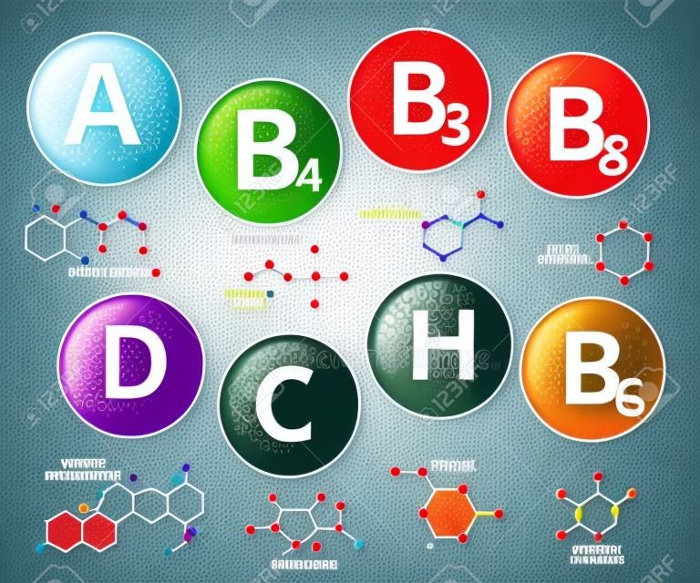 Vitamins chemical structures. Molecule vitamin, molecular chemical vitamin, structure chemistry vitamin, vector illustration