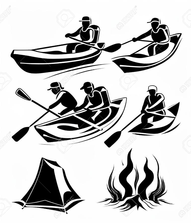 Vektorelemente für Outdoor-Camping-und Rafting-Etiketten, Logos, Embleme. Outdoor-Sport-Rafting, Sommer-Rafting oder Camping, Abenteuer-Rafting, Reise-Rafting, Aktivität Rafting Illustration