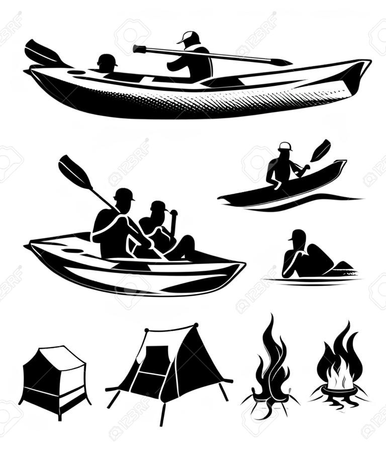Elementos del vector para acampar al aire libre y en balsa etiquetas, logotipos, emblemas. rafting en el deporte al aire libre, rafting verano o de camping, rafting aventura, rafting viaje, la actividad de rafting ilustración