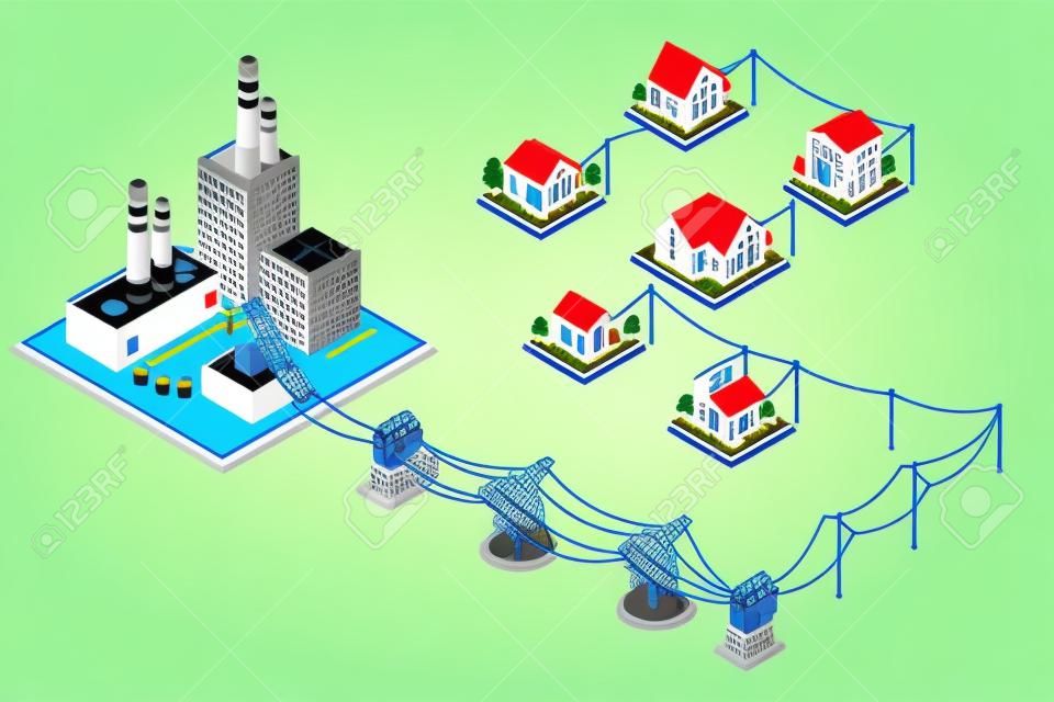 Powerhouse and electric energy distribution vector infographic. 3D isometric concept. Electricity industrial, industry power station, voltage electrical illustration