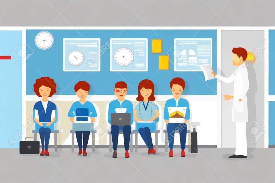 Patients in doctors waiting room. Patient and doctor, patient in hospital, office interior clinic, waiting patient. Vector illustration