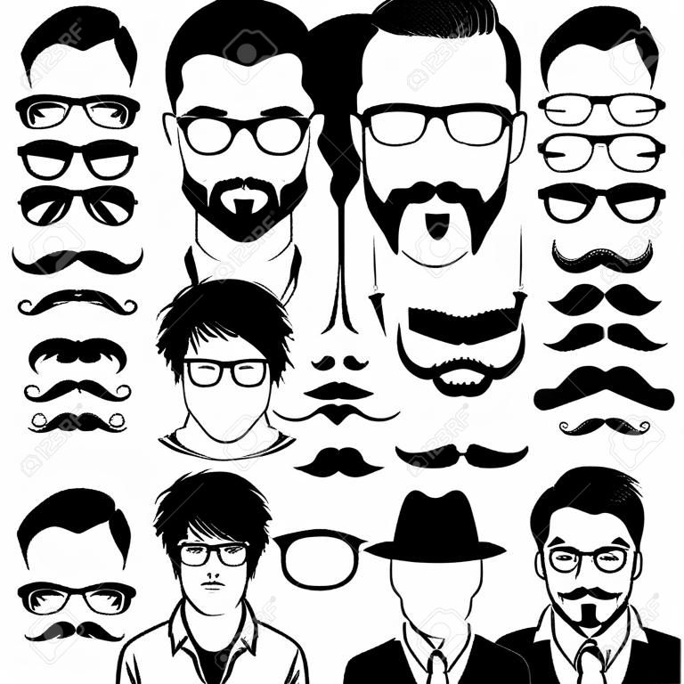 Constructor mit Männern Hipster Haarschnitte, Brillen, Bärte, Schnurrbärte. Man Mode, man Konstrukt, man hipster haircut Illustration. Vector flachen Stil