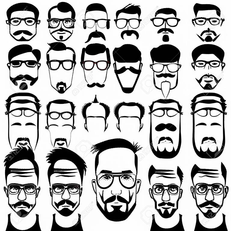 Constructor avec les hommes branchitude coupes de cheveux, lunettes, barbes, moustaches. Man mode, l'homme construit, l'homme hippie coupe illustration. Vecteur de style plat