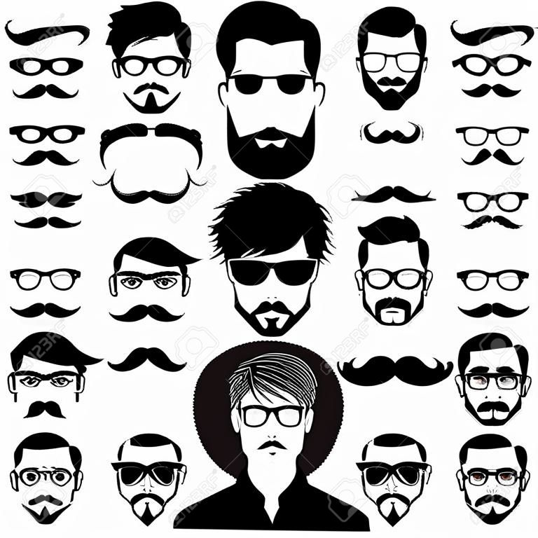 Constructor with men hipster haircuts, glasses, beards, mustaches. Man fashion, man construct, man hipster haircut illustration. Vector flat style