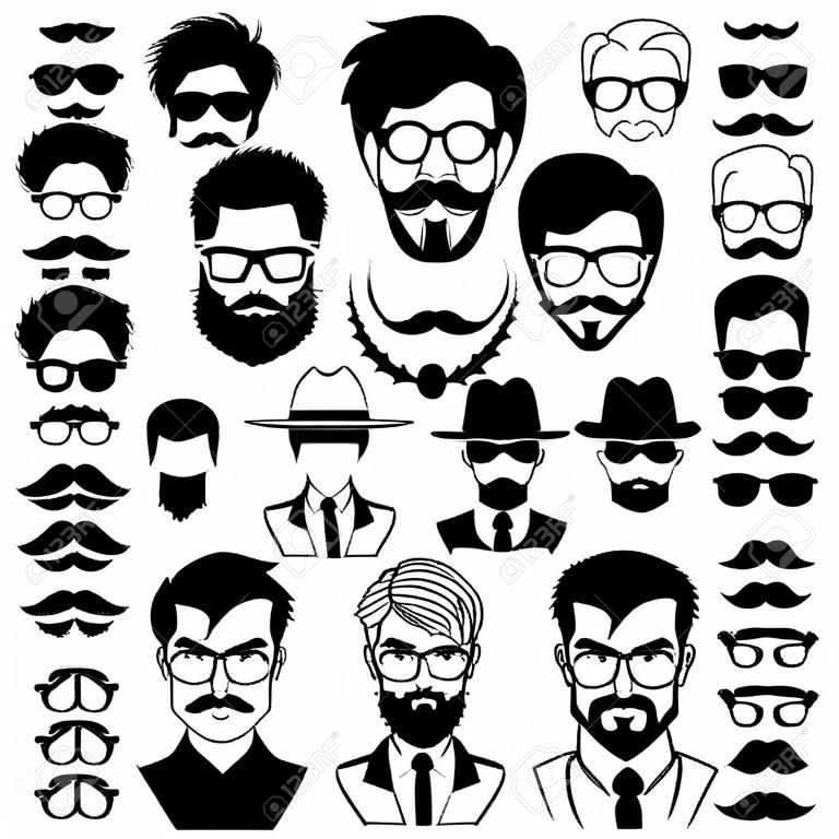 Constructor con hombres inconformista cortes de pelo, gafas, barbas, bigotes. moda hombre, el hombre constructo, el hombre inconformista corte de pelo de la ilustración. estilo plano vectorial