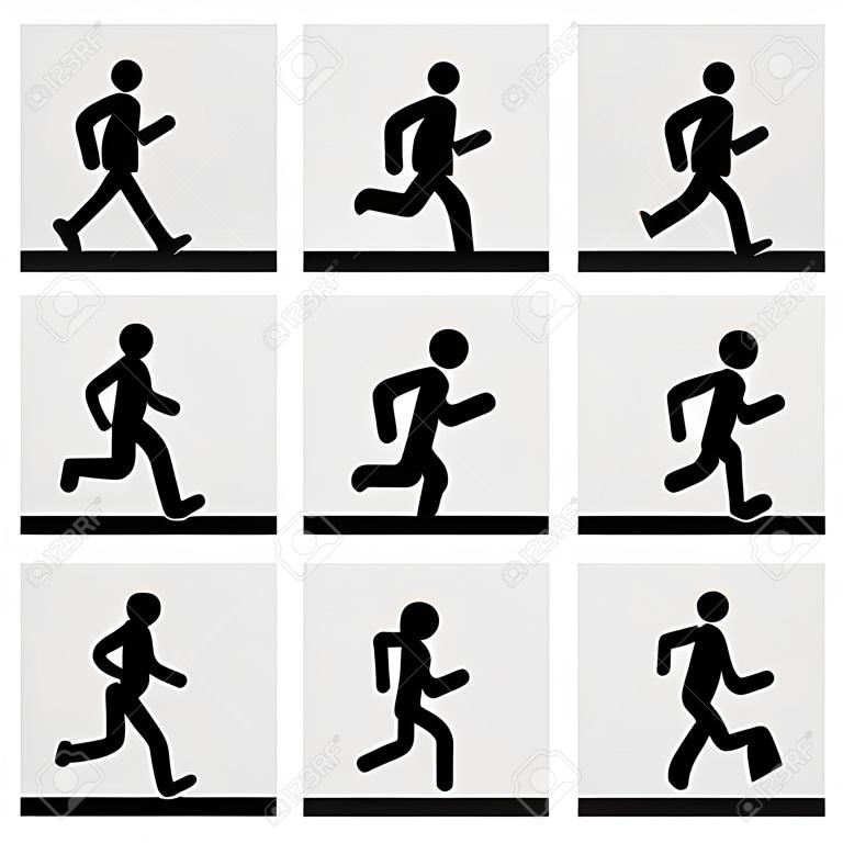 Marcher et courir gens icônes vectorielles. Marcher animation, coureur sport, homme course, la marche de fitness, course activité, le jogging marcher, courir la formation illustration