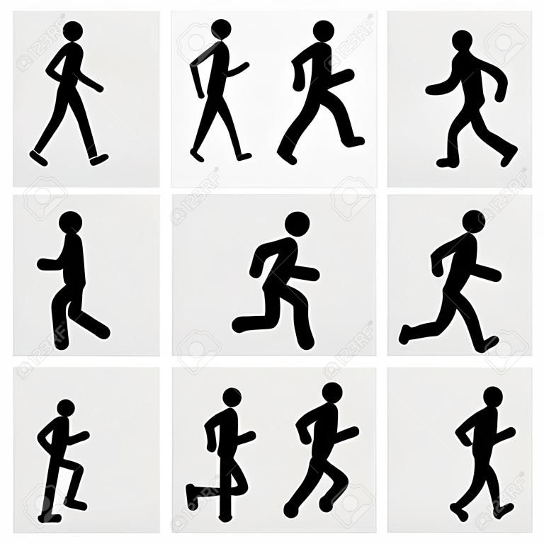 Caminhar e correr ícones vetoriais de pessoas. Animação ambulante, esporte de corredor, homem correndo, caminhada de fitness, atividade de corrida, jogging andando, ilustração de treinamento de corrida