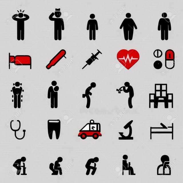 Krank Symbole. Kranke Menschen Vektor Piktogramme. Krank-Set Icon, krank und krank Schild, kranker Mann icon