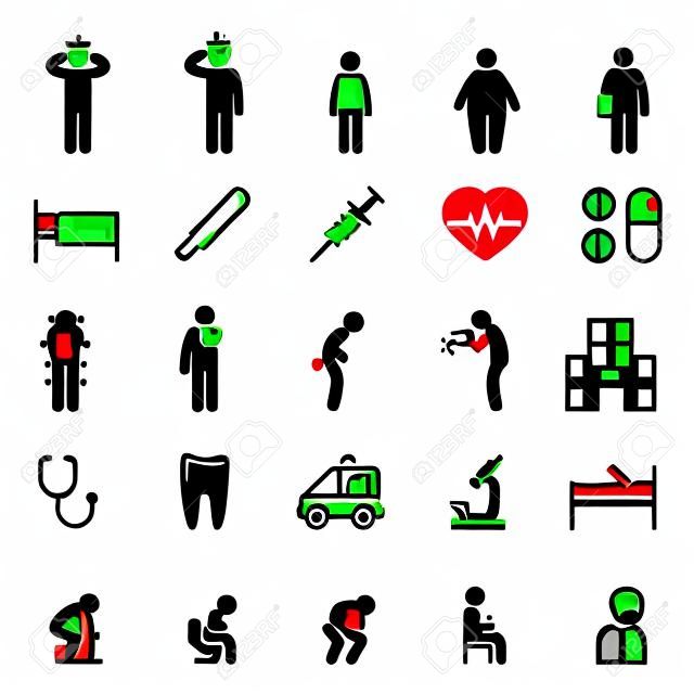 Krank Symbole. Kranke Menschen Vektor Piktogramme. Krank-Set Icon, krank und krank Schild, kranker Mann icon
