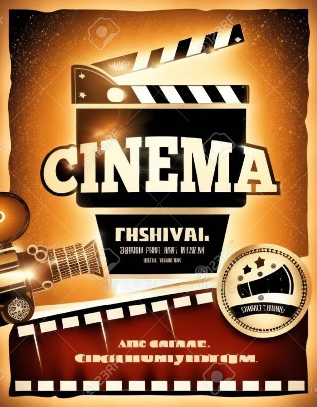 Кино, фестиваль кино сбора винограда плаката. Кинематография баннер. Векторная иллюстрация