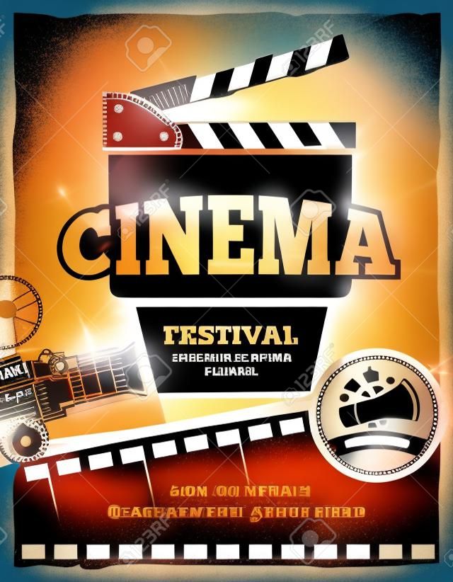 Cine, cartel de la vendimia festival de cine. banner de Cinematografía. ilustración vectorial