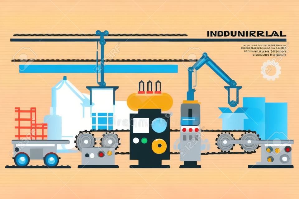 Industrieförderband Linie Vektor-Illustration. Conveyor Prozess Produktion, Förderer mit Maschinen Roboter
