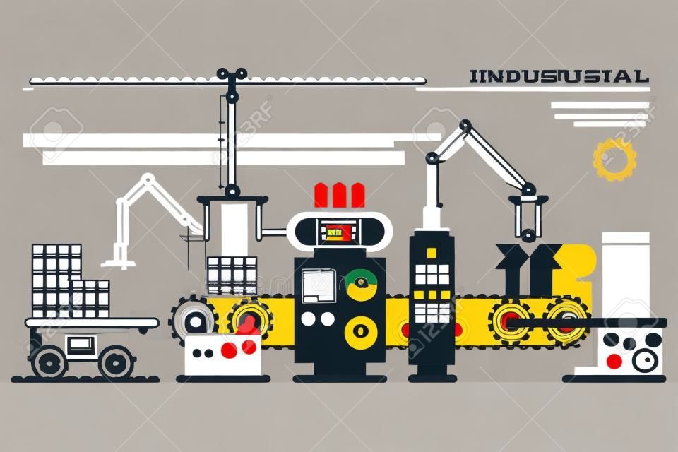 Industrial conveyor belt line vector illustration. Conveyor process production, conveyor with machinery robot