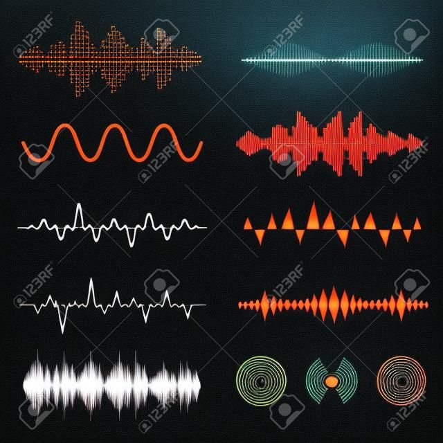 Set di segnali d'onda. segnali analogici e forme di onde sonore digitali. Ampia illustrazione audio dell'onda