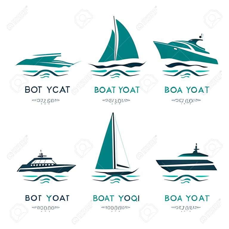 Boot en jacht label set. Snel motorjacht, speedboten en golven tekenen vector illustratie. Marine transport collectie