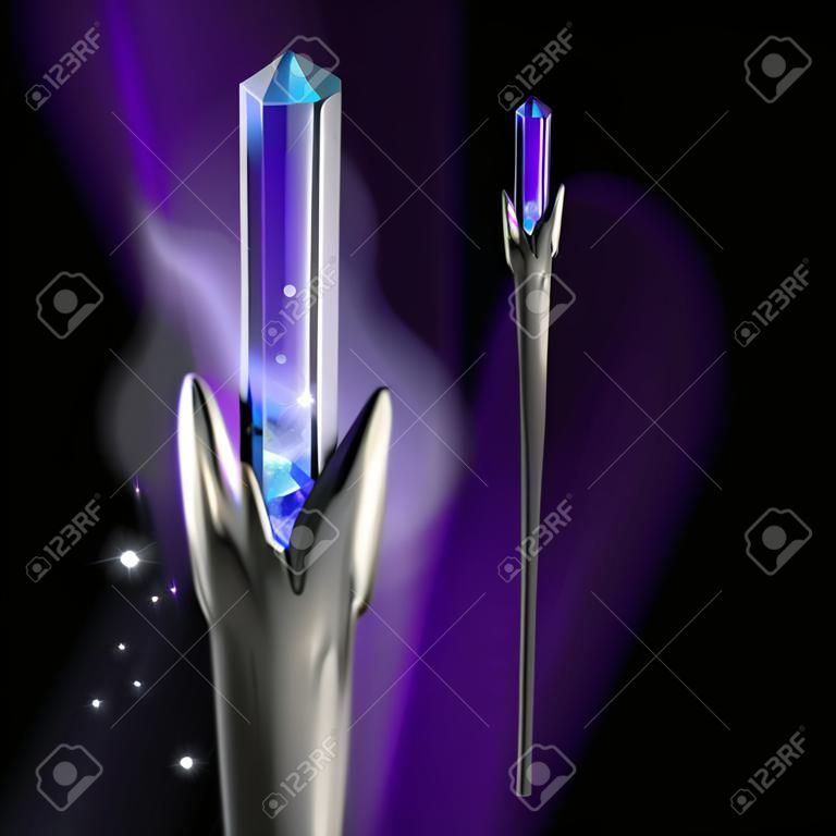 Vector illustration of magic wand with crystal and bright glow isolated on dark background
