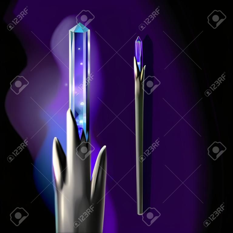 Vector illustration of magic wand with crystal and bright glow isolated on dark background