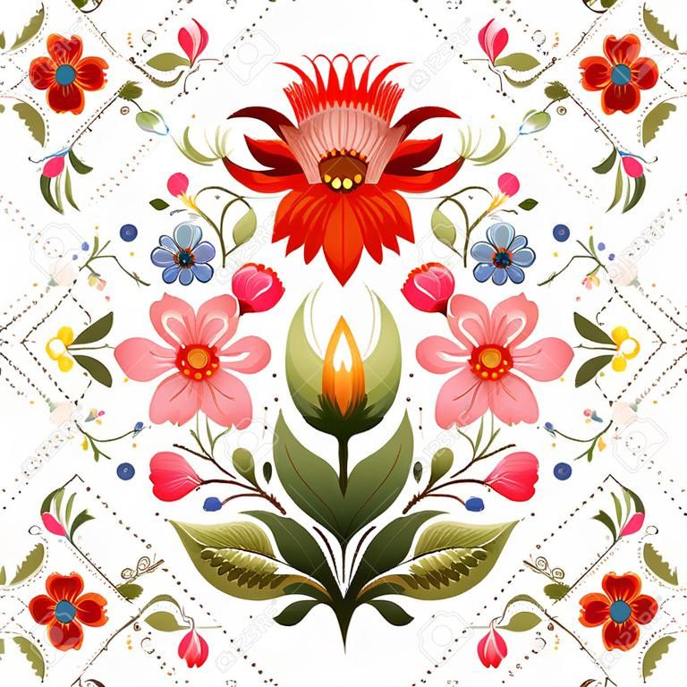 Vector background with beautiful floral Ukrainian pattern. Flowers in the style of Petrykivka painting. Seamless pattern similar to cross stitch.
