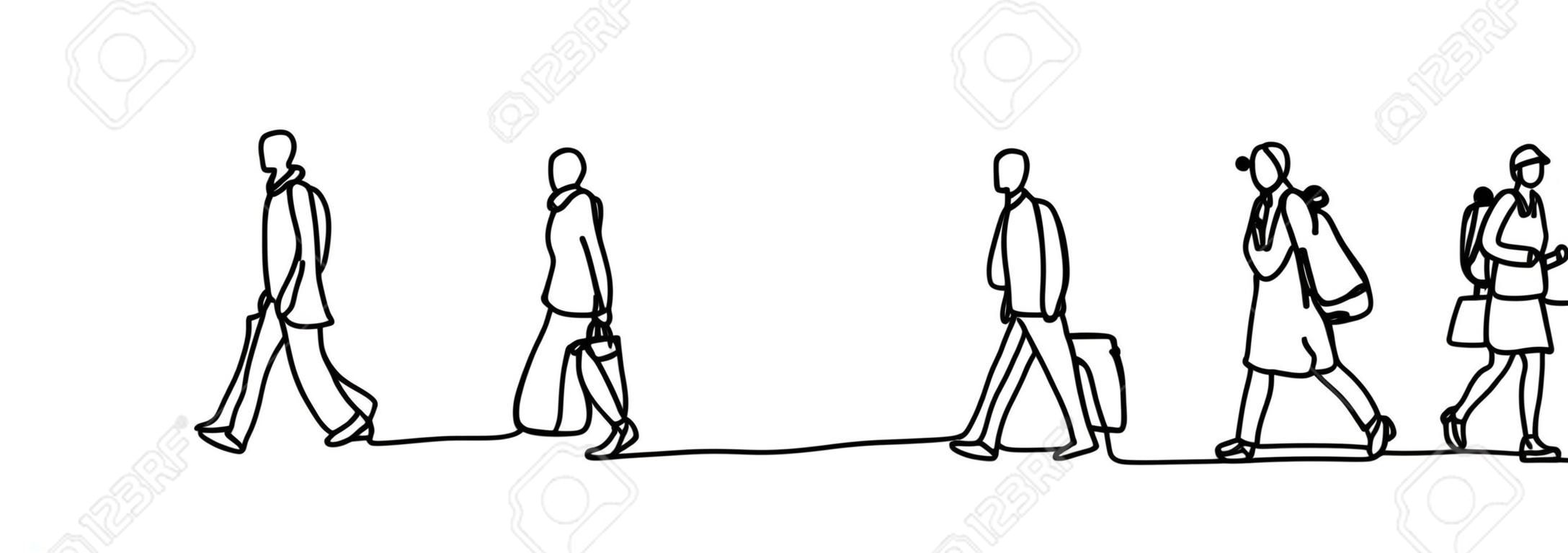 都市通勤者1本の連続線描きミニマリズムデザインスケッチ手描きベクトルイラスト。仕事の前または後に歩く人々。