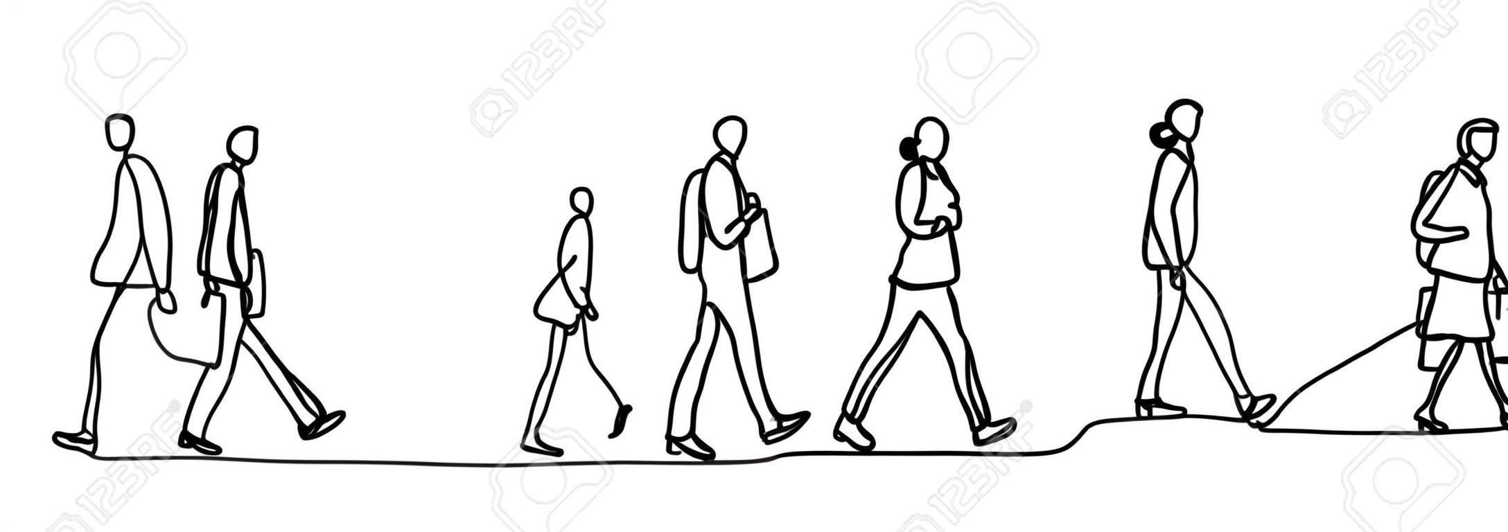 Pendolari urbani una linea continua disegno minimalismo disegno schizzo disegnato a mano illustrazione vettoriale. Persone che camminano prima o dopo l'orario di lavoro.