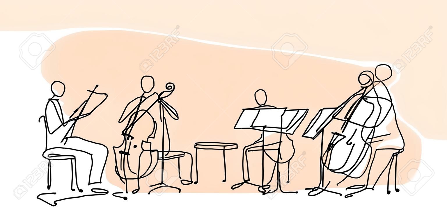Ciągłe rysowanie linii jazzowego koncertu muzyki klasycznej na scenie.