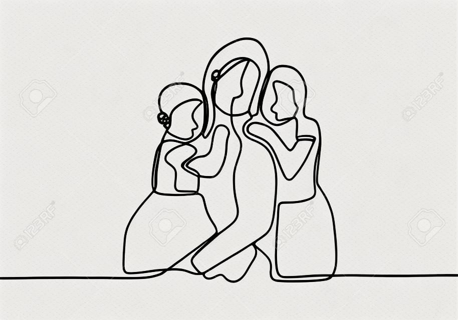 Mère et ses deux enfants de fille dessinent une ligne continue sur le thème de la fête des mères. Tiré de la silhouette de l'image à la main. Notion de famille. La fille et la mère du personnage sont fiancées.