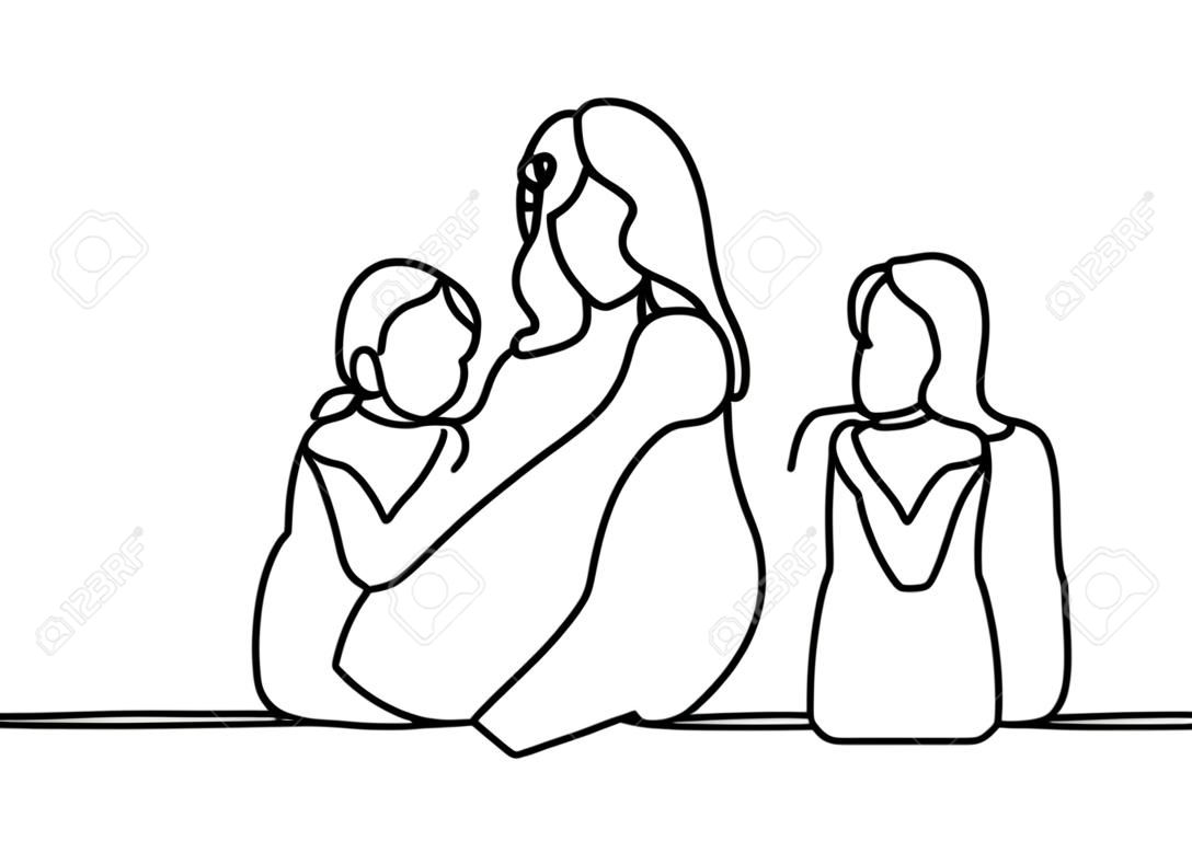 Mutter und seine beiden Kinder der Tochter ziehen eine Linie zum Thema Muttertag. Gezeichnet von der Handbildsilhouette. Familienkonzept. Charaktertochter und Mutter sind verlobt.