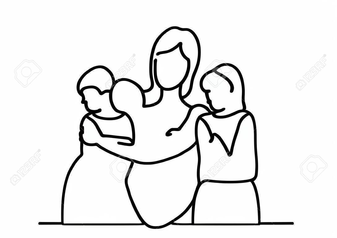 Matka i jego dwoje dzieci córki ciągną jedną linię, rysując motyw Dnia Matki. Rysowane z ręki zdjęcie sylwetki. Pojęcie rodziny. Charakter córka i mama są zaręczone.