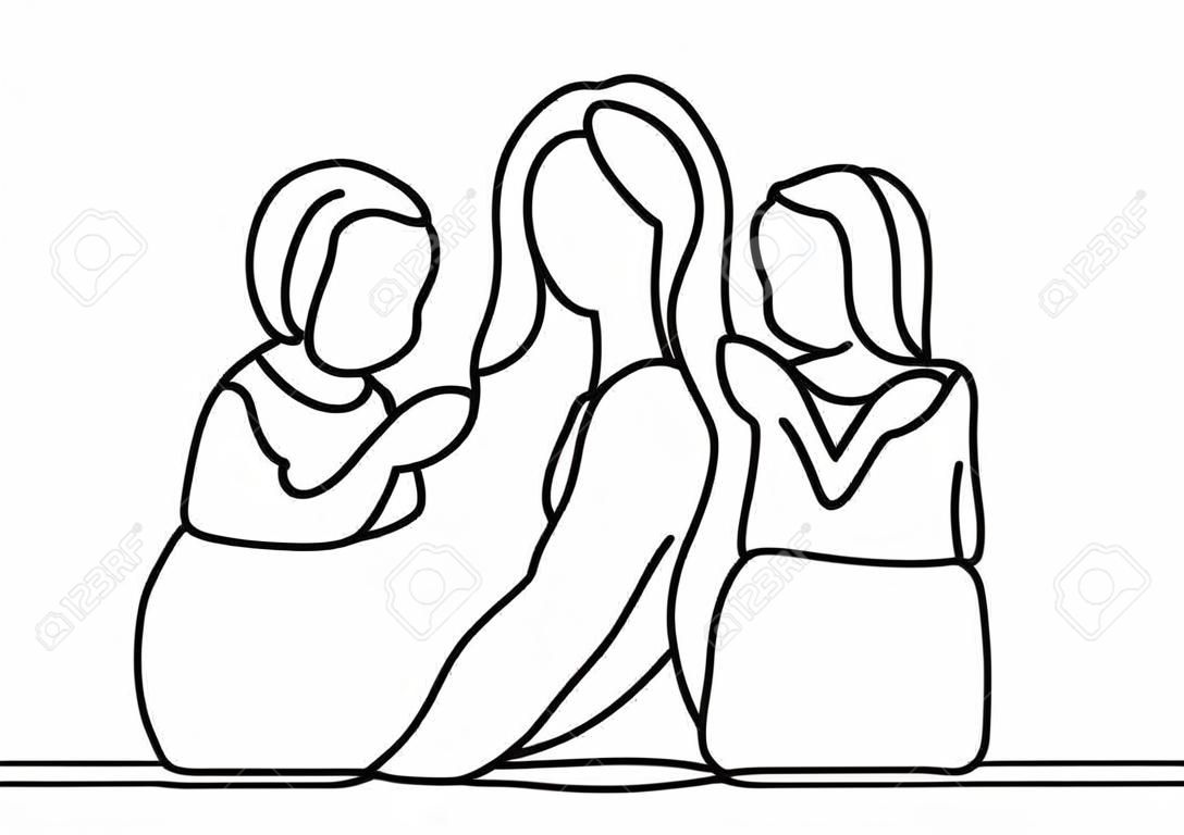 Mère et ses deux enfants de fille dessinent une ligne continue sur le thème de la fête des mères. Tiré de la silhouette de l'image à la main. Notion de famille. La fille et la mère du personnage sont fiancées.