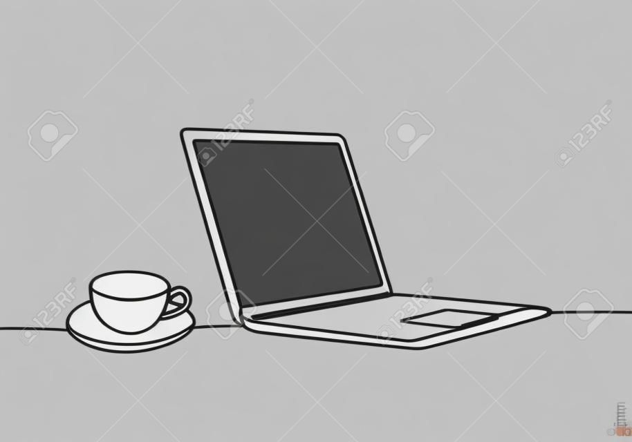 Kontinuierliche einzeilige Zeichnung von Computer-Laptop und einer Tasse Kaffee oder Tee am Business-Schreibtisch-Minimalismus-Design-Vektor. Arbeitsbereich Tischkonzept. Einfachheit von Hand gezeichnete Skizze Strichzeichnungen.