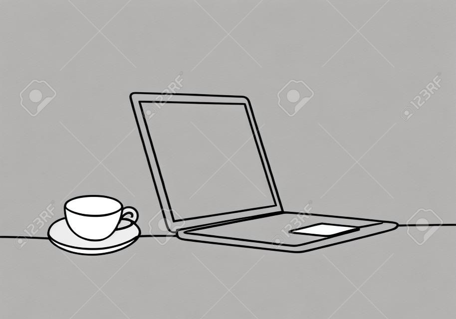 Kontinuierliche einzeilige Zeichnung von Computer-Laptop und einer Tasse Kaffee oder Tee am Business-Schreibtisch-Minimalismus-Design-Vektor. Arbeitsbereich Tischkonzept. Einfachheit von Hand gezeichnete Skizze Strichzeichnungen.