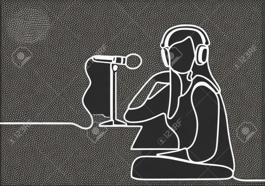 Continuous line drawing podcast girl. Young woman as a presenter or guest podcast sits and speaks into a microphone cheerfully. Vector one line art simplicity illustration minimalist design