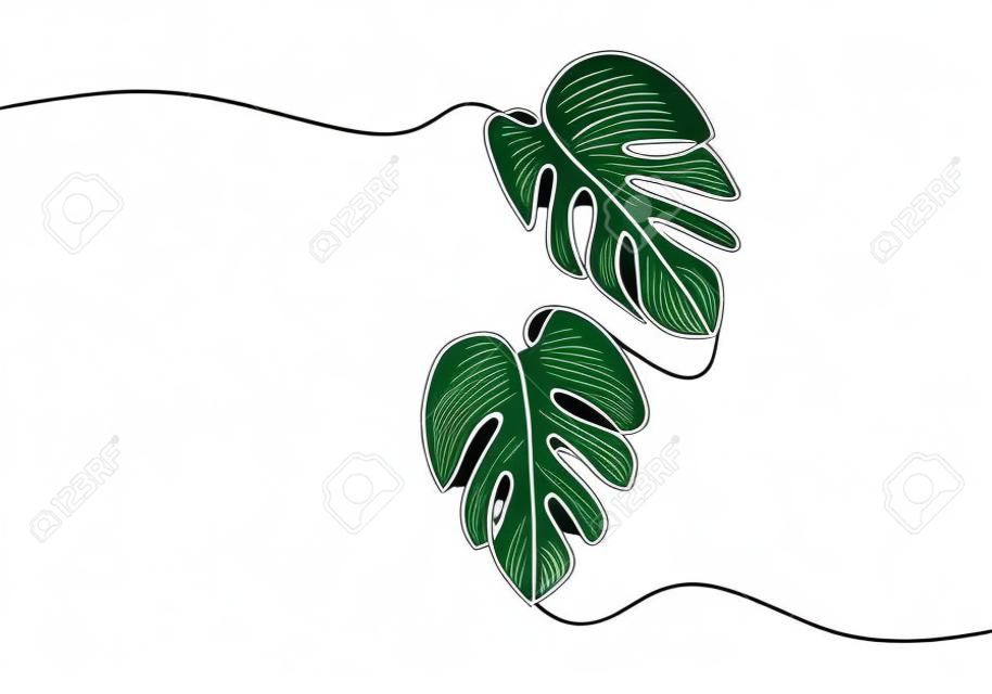 Arte de línea de hoja de Monstera. Diseño de dibujo de línea continua de hojas tropicales aislado sobre fondo blanco. Concepto de naturaleza botánica. Dibujo vectorial de estilo minimalista. Arte moderno de una sola línea, contorno estético