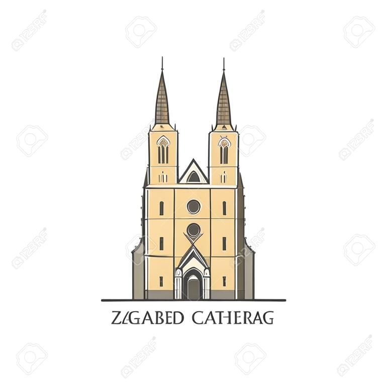 クロアチアのザグレブ大聖堂。アルプスの南東にあるネオゴシック様式の最も記念碑的な仙骨の建物。あなたが訪問しなければならない世界的に有名なランドマーク。フラット旅行漫画スタイル。ベクトルイラスト