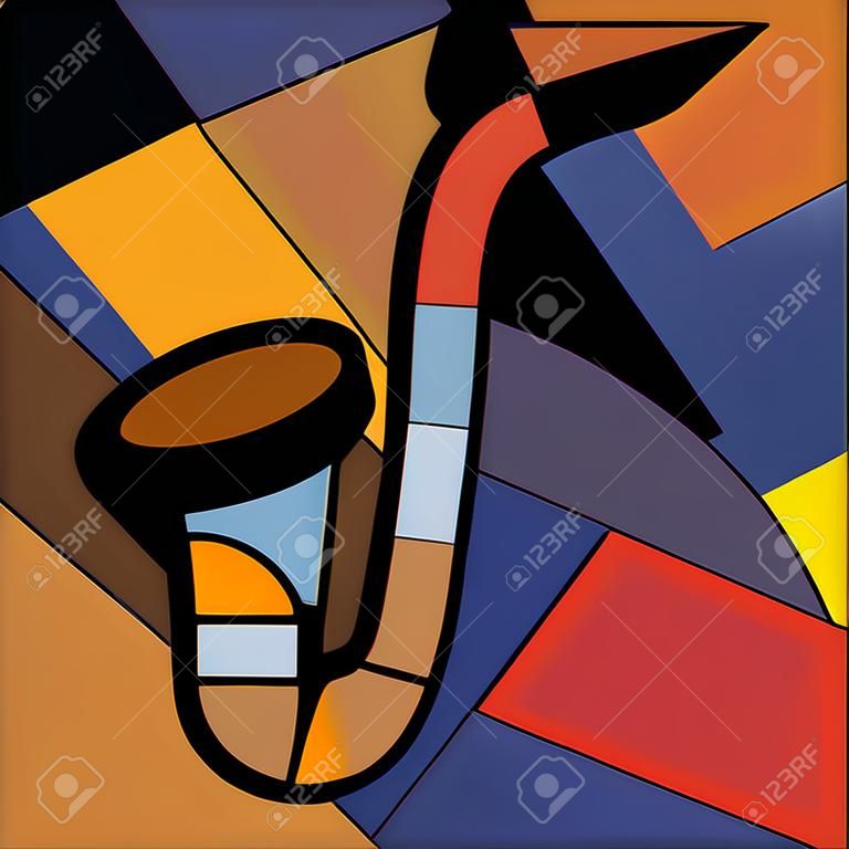 Musica jazz strumento sassofono colorato sfondo geometrico astratto. Sassofono per strumento classico minimalismo cubismo stile artistico. Illustrazione contemporanea di musica vettoriale