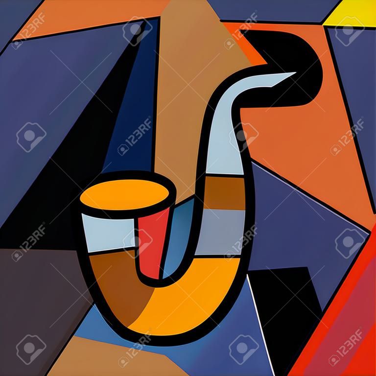 Jazz-Musikinstrument Saxophon buntes abstraktes geometrisches Hintergrundmuster. Saxophon für klassisches Instrument Minimalismus Kubismus Kunststil. Zeitgenössische Illustration der Vektormusik