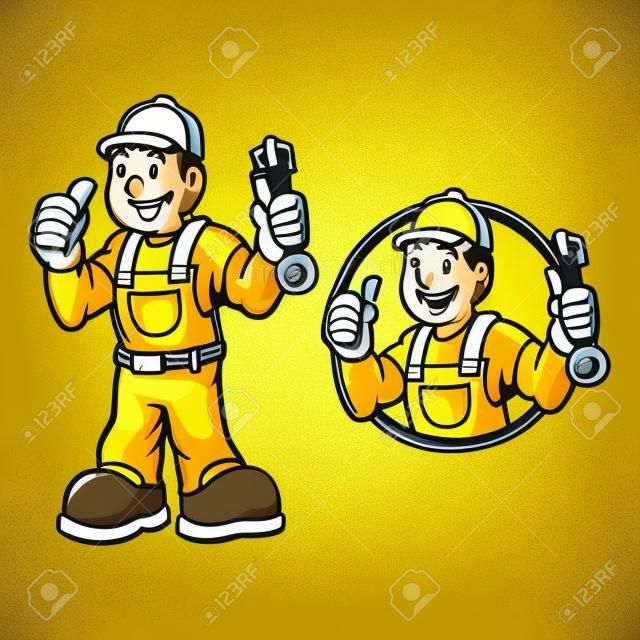 Hand-drawn vector illustration of happy carpenter handyman wearing work clothes and standing pose isolated on yellow background. Professional worker mascot in cartoon design. vector illustration