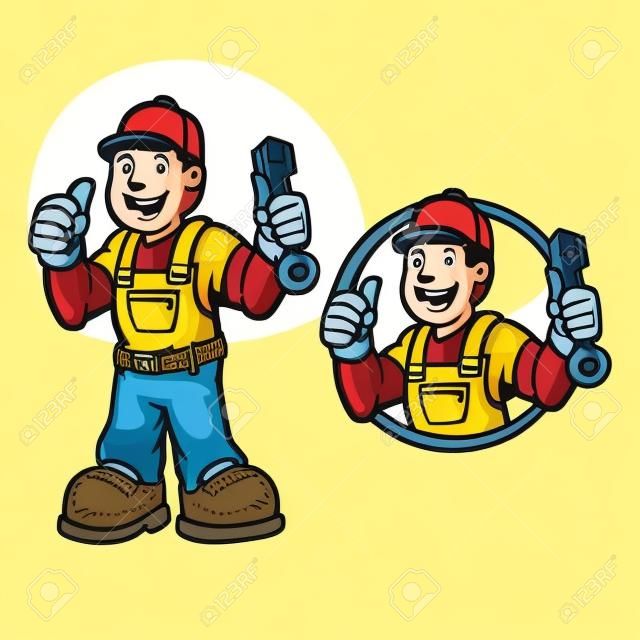 Hand-drawn vector illustration of happy carpenter handyman wearing work clothes and standing pose isolated on yellow background. Professional worker mascot in cartoon design. vector illustration