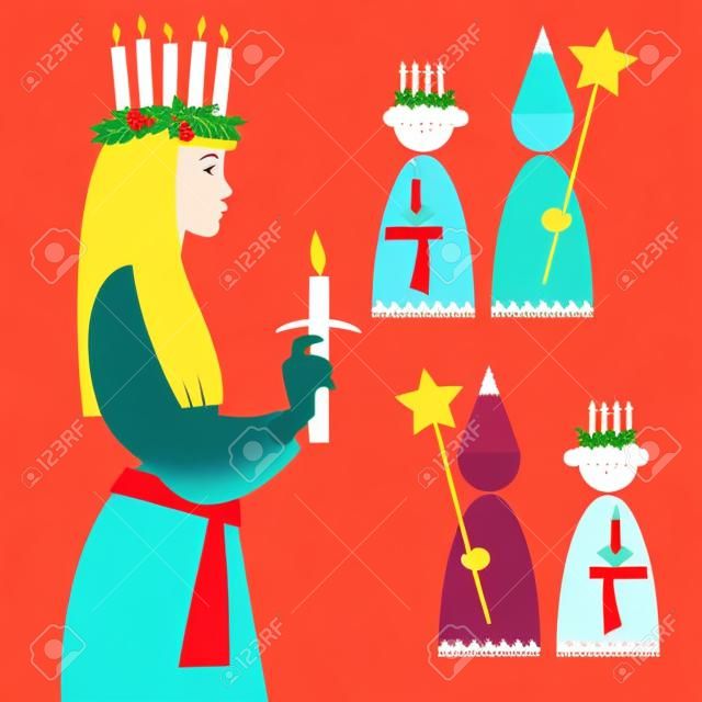 Saint Lucia. Swedish Christmas tradition. St. Lucias Day. Scandinavian Christmas. Vector illustration