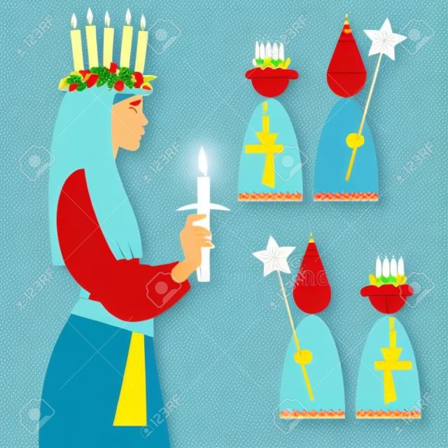 Saint Lucia. Swedish Christmas tradition. St. Lucias Day. Scandinavian Christmas. Vector illustration