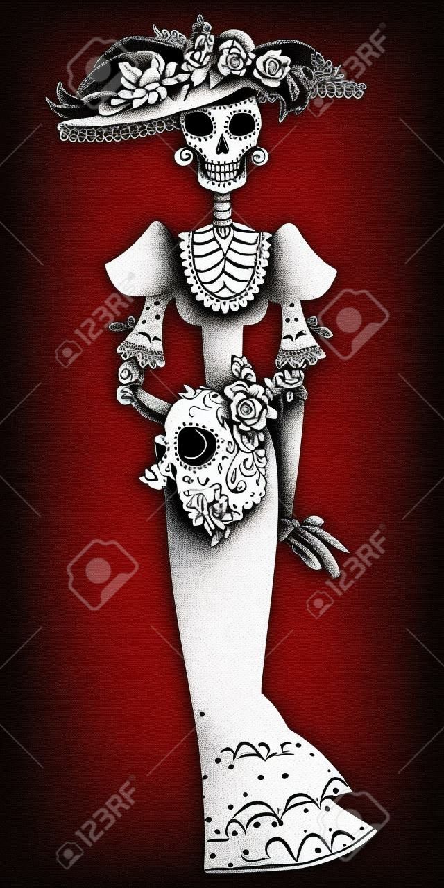 Catrina. Élégant Crâne. Dia de Muertos. Tradition mexicaine. Vector illustration