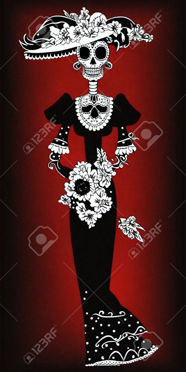 Catrina. Élégant Crâne. Dia de Muertos. Tradition mexicaine. Vector illustration